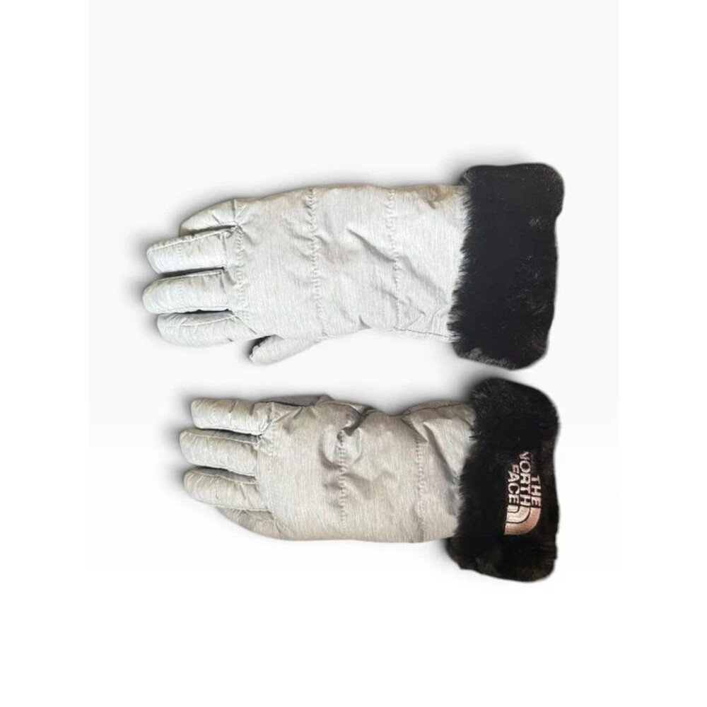 North Face Kids Mossbud Swirl Gloves Grey Silver Faux Fur Trim Winter Youth